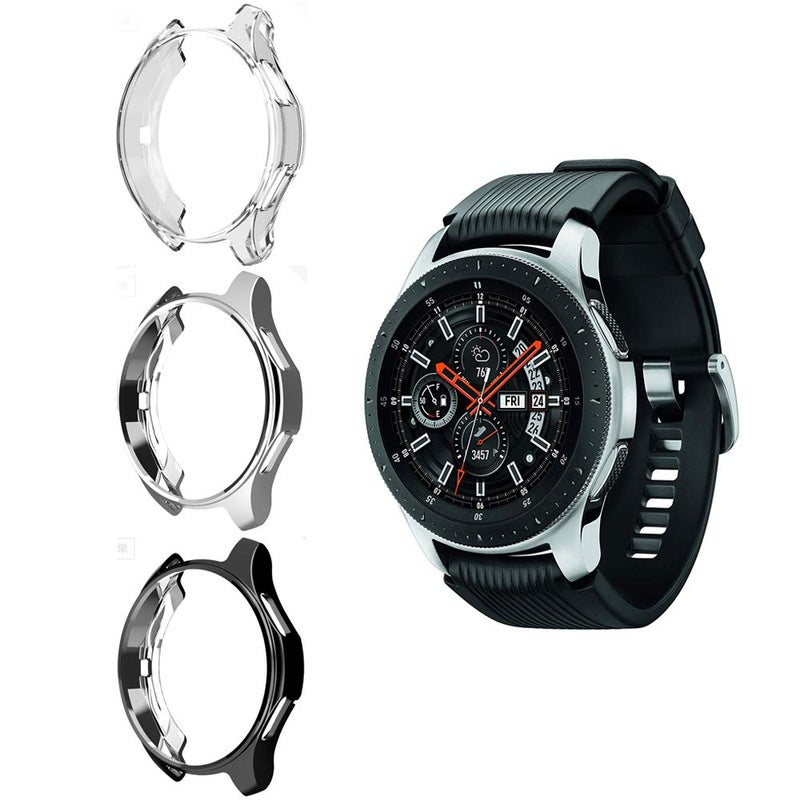 Suoman 3-Pack for Samsung Galaxy Watch 46mm Case, Soft Plated TPU Protective Bumper Cover Case for Galaxy Watch 46mm (2018), (Not Fit for 46mm 2021), Black+Silver+Clear - Image 1